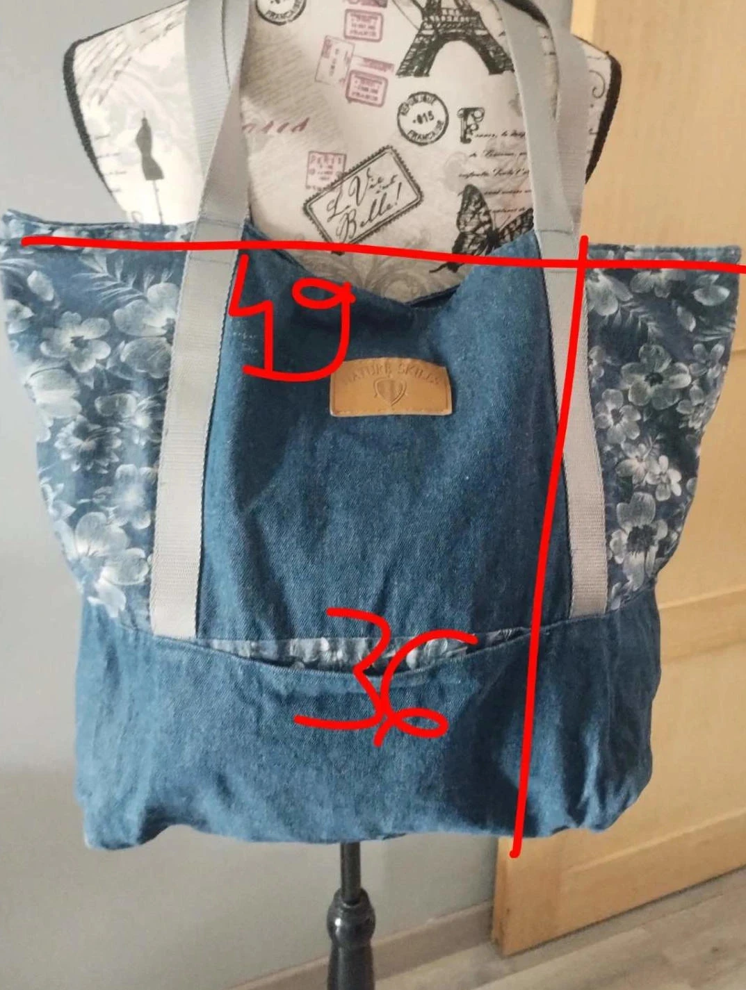 Large navy blue floral jeans-look tote bag, Nature Skills – photo 9